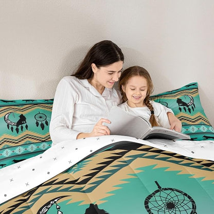Erosebridal Wolf Bedding Set Twin Moon Dream Catcher Quilt,Southwestern Native Ethnic Tribal Arrow Aztec Comforter Set Western Boho Duvet Insert,Exotic Nordic Style Wild Animals Bohemian Decor,Green