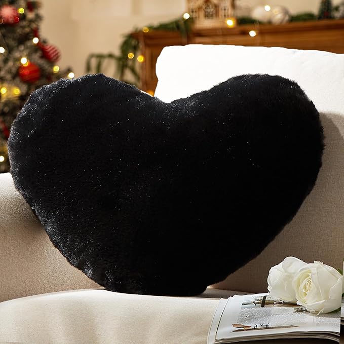 YRXRUS Heart Pillow, Black Heart Pillows, Love Pillow Gifts, 14X17 Inch Large Heart Shaped Pillows, Faux Rabbit Fur Coquette Room Decor Throw Pillows, Living, Bedroom, Indoor Outdoor