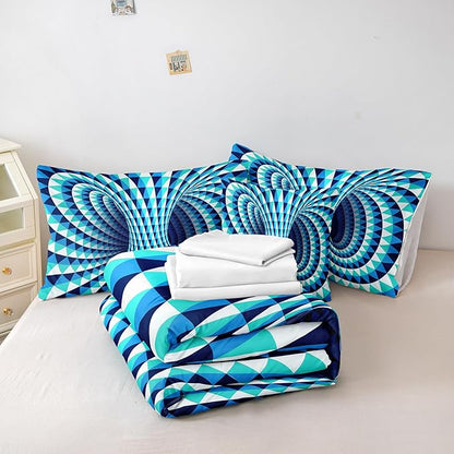 Bedorm Triangle Geometric Comforter Set 3D Abstract Bedding Set with Sheet Set Aqua Blue Triangle Tunnel Aesthetic Comforter Modern Psychedelic Bedding Comforter Set Queen
