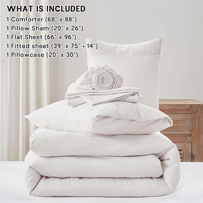 Anluoer White Twin Comforter Set 5 Pieces, Bed in a Bag with Sheets, All Season Bedding Sets with 1 Comforter, 1 Pillow Sham, 1 Pillowcase, 1 Flat Sheet, 1 Fitted Sheet