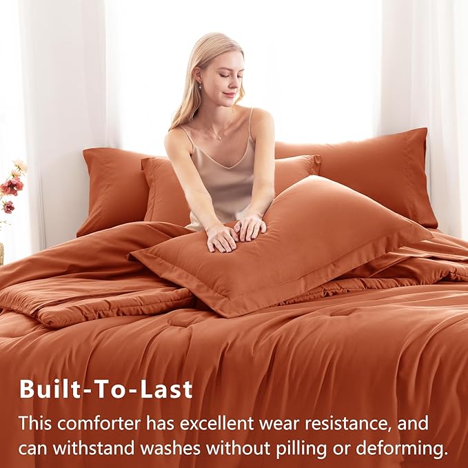 CozyLux Full Comforter Set Burnt Orange, 7 Pieces Bed in a Bag Terracotta Comforter Set with Sheets, All Season Boho7PC Bed Sets with Comforter, Fitted Sheet, Flat Sheet, Pillow Shams and Pillowcases