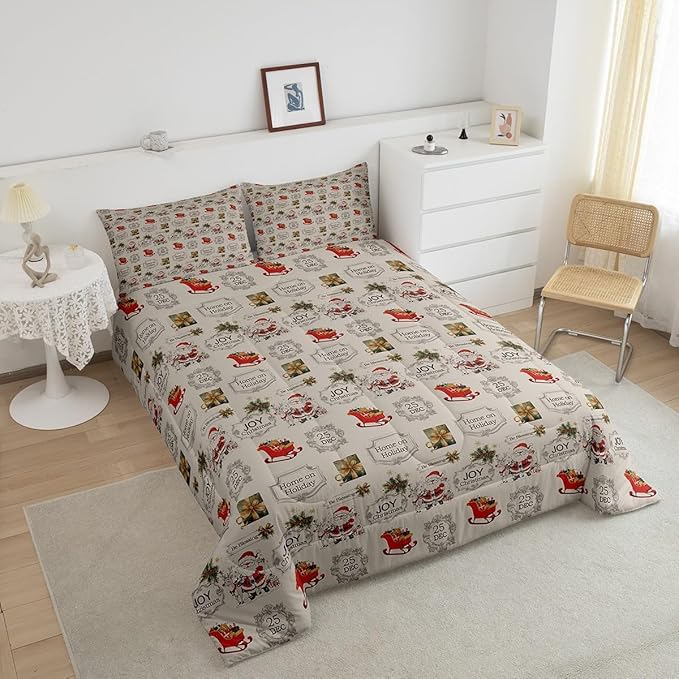 Merry Christmas Bedding Set Queen Size,Cartoon Santa Clause Sleigh Print Comforter Set,Vintage Xmas Quilt Set for Kids Boys Girls Adult Room Decor,Khaki and Colorful Reversible Duvet Insert 3Pcs