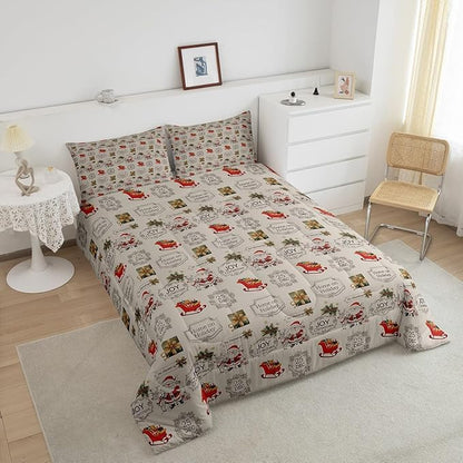 Merry Christmas Bedding Set Full Size,Cartoon Santa Clause Sleigh Print Comforter Set,Vintage Xmas Quilt Set for Kids Boys Girls Adult Room Decor,Khaki and Colorful Reversible Duvet Insert 3Pcs