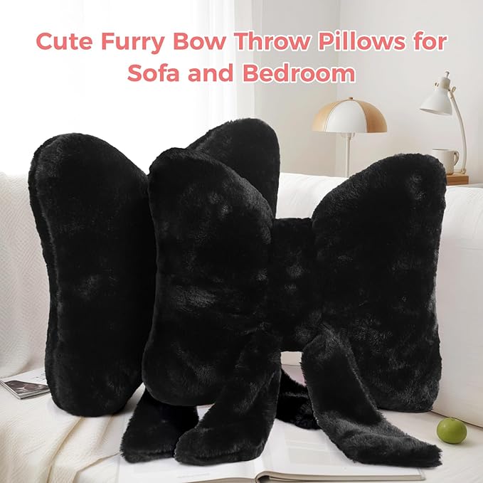 2 PCS Black Bow Pillow, Soft Bow Decorative Pillows with Faux Fur, Cute 12" Bow Throw Pillows, Aesthetic Home Decor Bow Shaped Plush Pillow for Bedroom Sofa Couch