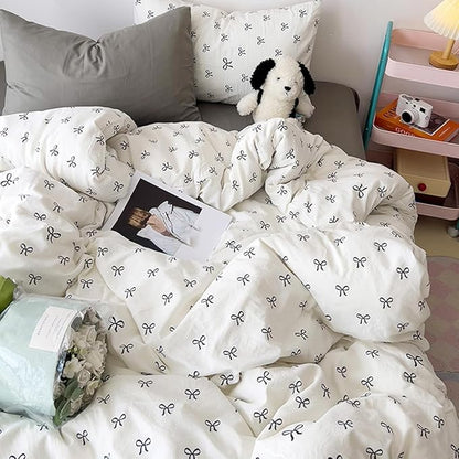 White Comforter Set Full Size Black Bow Quilt Bedding Set 3 Pieces, Comforter Set Full, Soft Lightweight Comforter(79‘’ x 90‘’) for Girl All Season & 2 Pillowcases(30‘’x20‘’)