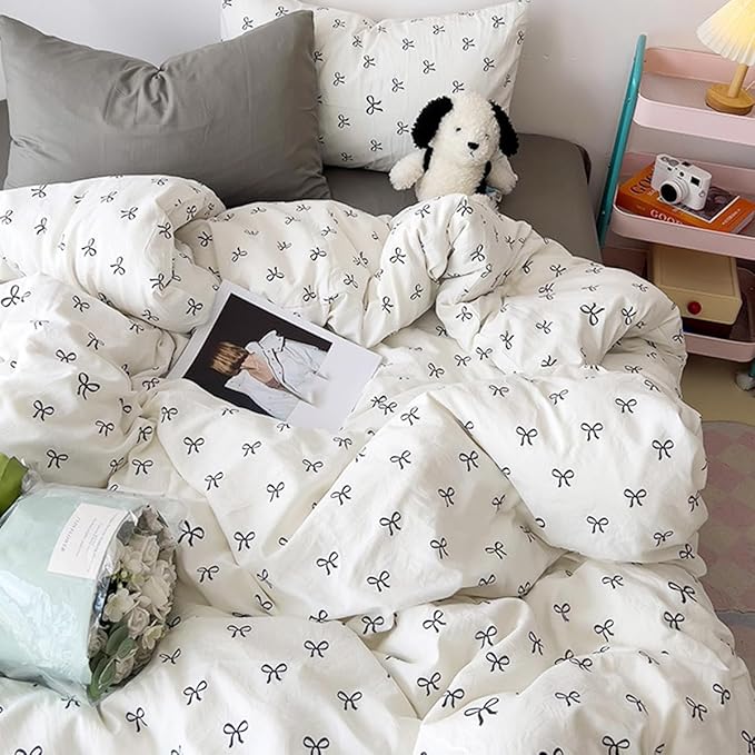 White Twin Comforter Set - Black Bow Quilt Bedding Set 2 Pieces, Comforter Set Twin Size, Soft & Lightweight Comforter(68‘’ x 90‘’) for Girl All Season & 1 Pillowcase(30‘’x20‘’)