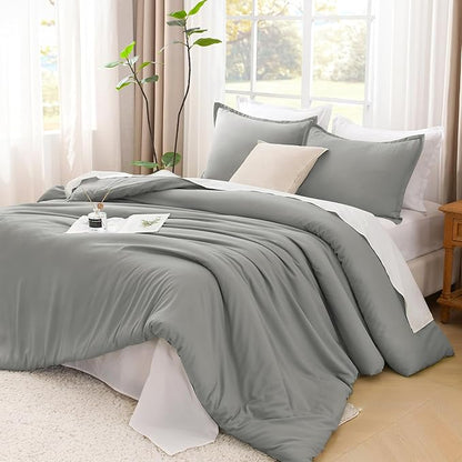 Litanika Comforters Medium Gray Full Size, 3 Pieces Lightweight Solid Bedding Set & Collections, All Season Fluffy Bed Set (79x90In Comforter & 2 Pillowcases)