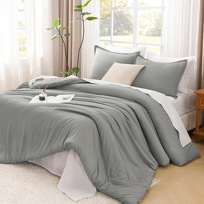 Litanika Comforters Medium Gray California King Size, 3 Pieces Lightweight Solid Bedding Set & Collections, All Season Fluffy Bed Set (104x96In Comforter & 2 Pillowcases)