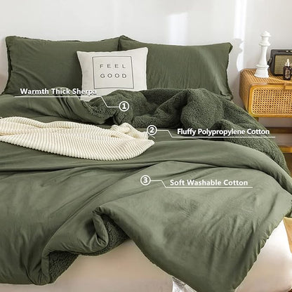 COTTEBED King Comforter Set - Soft Sherpa Down Alternative with Pillowshams, Washable (Olive Green)