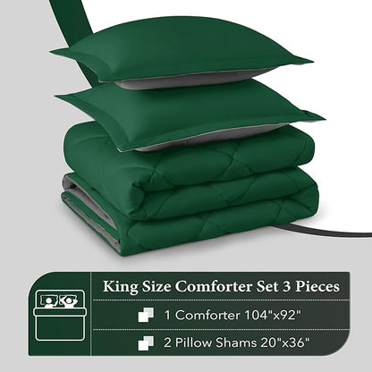 downluxe King Size Comforter Set - Dark Green and Grey King Comforter, Soft Bedding Sets for All Seasons -3 Pieces - 1 Comforter (104"x92") and 2 Pillow Shams(20"x36")