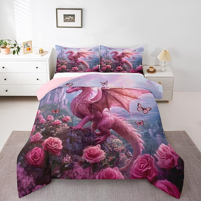 Manfei Western Dragon Kids Twin Comforter Sets,Pink Flowers Butterfly Reversible Bedding Set for KidsChildren,Princess Castle Animal 2 Pieces Quilt Sets,3D Wildlife Duvet Insert,1 Pillow Case