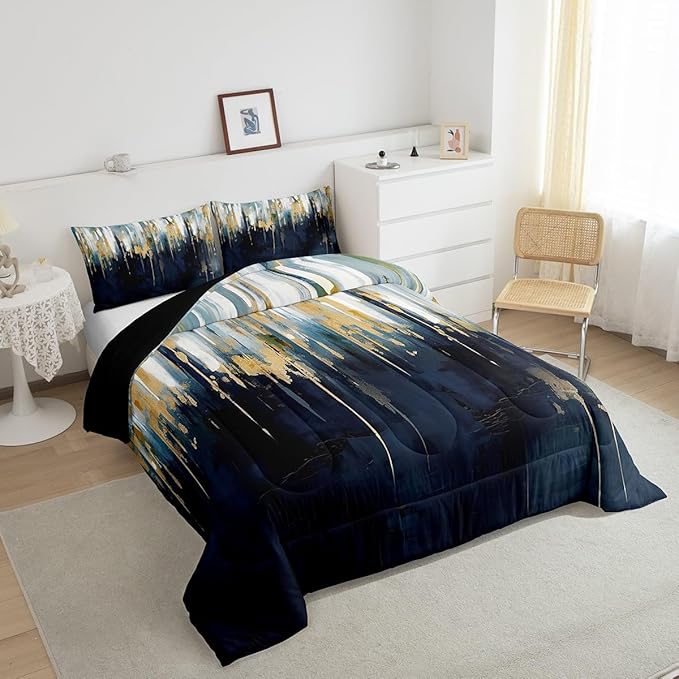 Erosebridal Navy Blue Bedding King Graffiti Ombre Comforter Set, Brush Strokes Oil Painting Duvet Insert Modern Contemporary Down Comforter, Chic Vintage Abstract Gradient Bedding Comforter Sets 3pcs