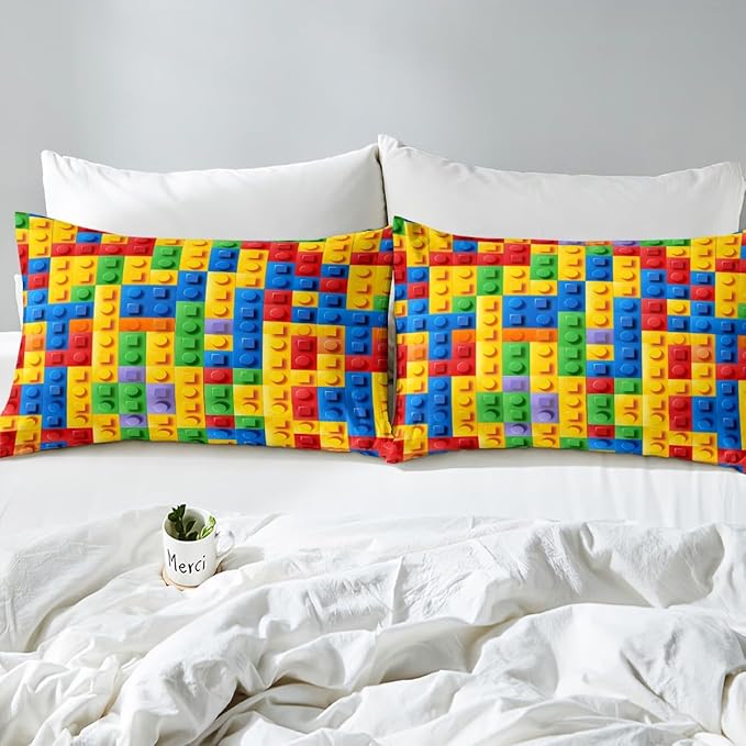 Feelyou Construction Games Comforter Set Full Size 7 Pcs Kids Building Blocks Comforter Bed in a Bag Colorful Brick Bedding Set for Boys Girls Teens Bed Set with Sheets, Pillowcases, Pillow Covers