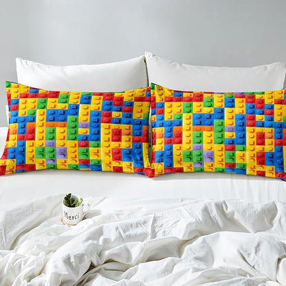 Feelyou Construction Games Comforter Set King Size 7 Pcs Kids Building Blocks Comforter Bed in a Bag Colorful Brick Bedding Set for Boys Girls Teens Bed Set with Sheets, Pillowcases, Pillow Covers