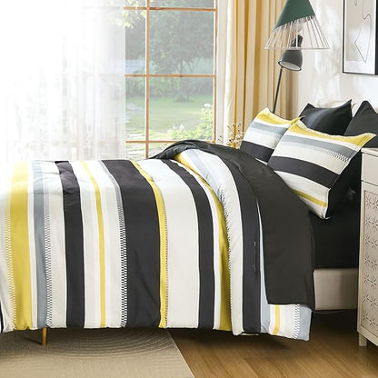WONGS BEDDING Yellow Comforter King Size Set, 7 Pieces Bed in a Bag Yellow and Black Comforter Set, Soft Boho Striped Bedding Sets with Sheets, Pillowcases & Shams