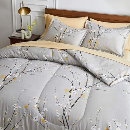 Gray Comforter Sheet Set Bed in a Bag 6 Pieces Twin Size Tree Branch Bloom Flower Spring Summer Bedding Set (1 Comforter 2 Pillow Shams 1 Tan Flat Sheet 1 Fitted Sheet 1 Pillowcases)