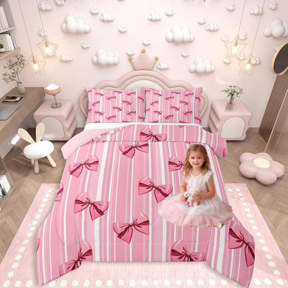 Erosebridal Pink Bowknot Bedding Set for Girls Bedroom, Dreamy Princess Toddler Size Comforter Set, Cute Bow Girly Down Comforter, Kawaii Stripes Quilt,Lightweight Bedroom Decor