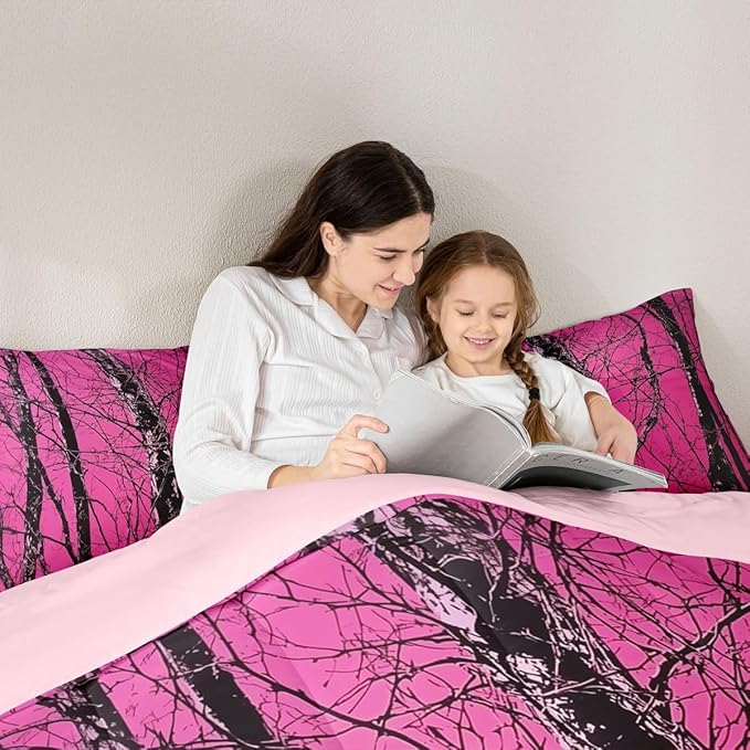 Erosebridal Cabin Lodge Twin Comforter Set,Woodland Rustic Bedding Sets for Girls Boys Kids,Hot Pink Camo Hunting Quilt Bed Set,Vintage Country Room Decor with 1 Pillowcase,Breathable