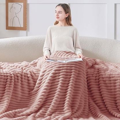 BEDELITE Twin Blanket for Couch & Bed, 300GSM Soft & Warm Fleece Blanket, Decorative and Giftable Striped Dusty Pink Blankets for Women, Men, 60"x80"