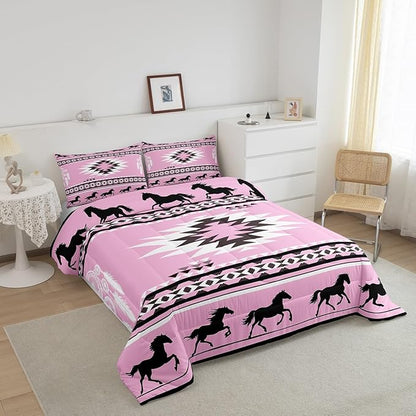 Feelyou Rustic Western Bedding Set Full Size Kids Pink Southwestern Aztec Comforter for Boys Girls Teens Western Horse Animals Comforter Set Soft Microfiber Boho Geometric Room Decor