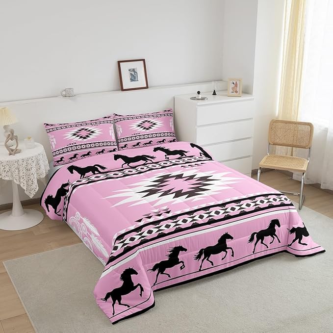 Feelyou Rustic Western Bedding Set Toddler Size Kids Pink Southwestern Aztec Comforter for Boys Girls Teens Western Horse Animals Comforter Set Soft Microfiber Boho Geometric Room Decor