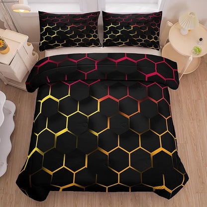Tailor Shop Honeycomb Comforter Set Full Size Geometric Hexagon Bedding Set for Kids Boys Teens Room Decor Yellow Red Black Neon Lights Comforter with 2 Pillowcases…