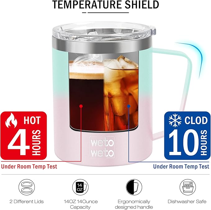 WETOWETO 14 oz Coffee Mug, Vacuum Insulated Camping Mug with Lid, Double Wall Stainless Steel Travel Tumbler Cup, Coffee Mugs Outdoor, Secret Ocean & Sweet Taffy 2 Packs