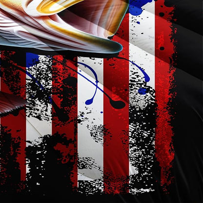 HOSIMA Big Pike Fishing Comforter Set,Bass Fish American Flag Pattern Hunting and Fishing Bed Set Queen Size for Boys Room Decor, Bed in a Bag for Teens with 2 Pillowcases.