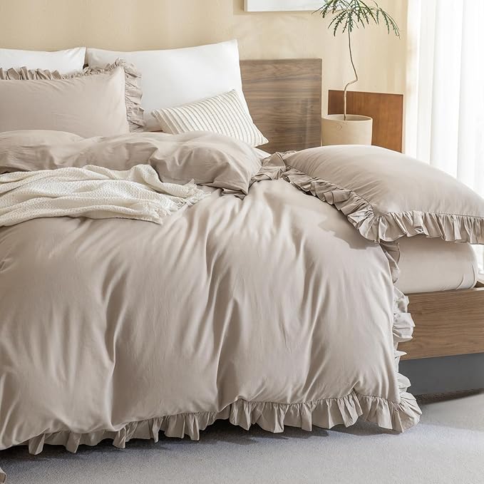Sanracie Queen Comforter Sets, Cotton Ruffled Boho Comforter Set Queen 3 Pieces Linen Feel Farmhouse Vintage Shabby Boho Chic Bedding Soft Lightweight Bed Set for All Season