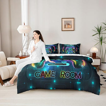 jejeloiu Cool Gamer 7 Piece Bedding Set King Size for Boys 3D Gaming Comforter Set with Sheets Kids Teens Bright Color Bed in a Bag Modern Game Console Bed Set