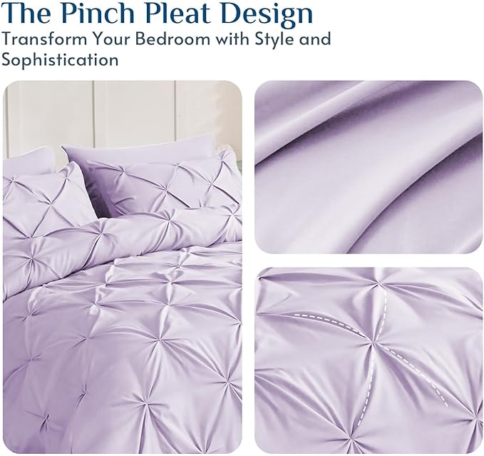 JOLLYVOGUE King Size Comforter Set 7 Pieces - Bed in a Bag King for All Season, Pintuck Bedding Comforter Sets with Comforter, Flat Sheet, Fitted Sheet and Pillowcases & Shams, Light Purple