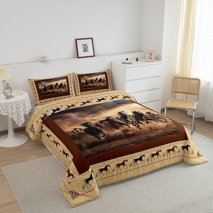 Feelyou Horse Comforter Set Toddler Size Galloping Horse Comforter for Boys Kids Teens Western Decor Cute Animal Bedding Set Kawaii Farm Cowboy Brown Duvet Set Room Decor Quilt Set