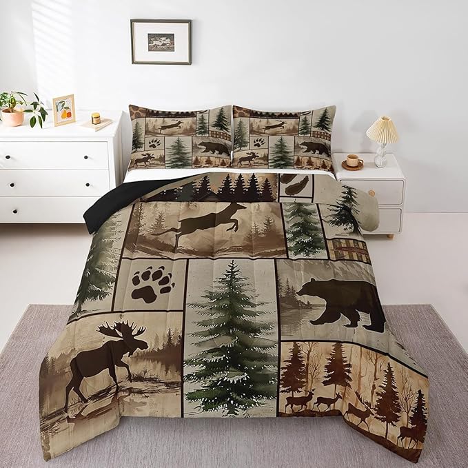 Feelyou Western Rustic Bear Deer Comforter Set Toddler Size, Country Farmhouse Duvet Insert, Rustic Cabin Bedding Set,Elk Forest Animal Wildlife Hunting Patchwork Lodge Quilt, 1 Pillow Shams
