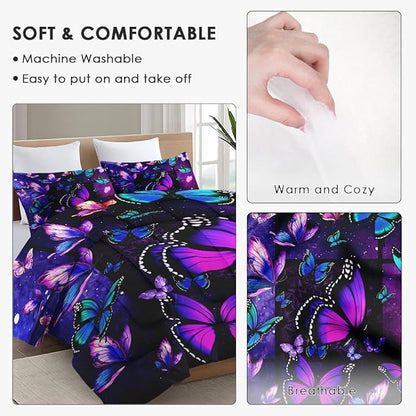 Twin Size Comforter Set with Pillowcase, Summer Tropical Purple Butterfly 2 Pcs Bedding for Kids and Adults, Vintage Spring Galaxy Space Soft Comforter Set for Bedroom Bed Decor