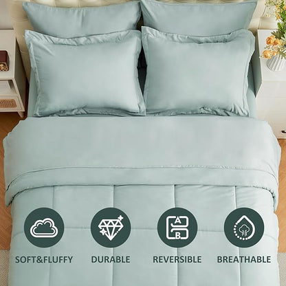 EMME 7-Pieces, Down Alternative Brushed Bedding Comforter Set with Sheets, Ultra Soft and Comfortable Solid Bed Set for All Season (Full/Queen, Aqua Blue)