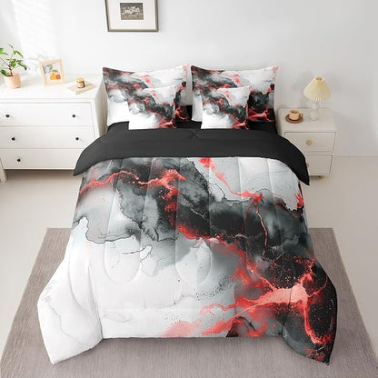 Black and Red Full Comforter Set 7-Piece Abstract Marbling Bedding Comforter Sets, Aesthetic Marble Bed in a Bag Foil Print Bedding Set, Watercolor Painting Bed Sheets Set Kids Bedroom Decor
