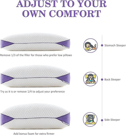 HOMELAB Adjustable Shredded Memory Foam Pillow King Size, Cooling Bed Pillow for Sleeping with Removable Cover, Medium Pillow for Side Stomach & Back Sleepers, 1 Pack 20"x34"