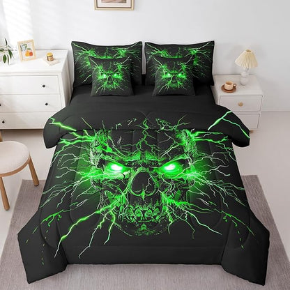 Erosebridal Gothic 7 Piece Comforter Set Full Bed in a Bag,Sugar Skull Spooky Bone Goth Bedding Set,Green Lightning Comforter and Sheet Set,Exotic Halloween Skeleton Decorations