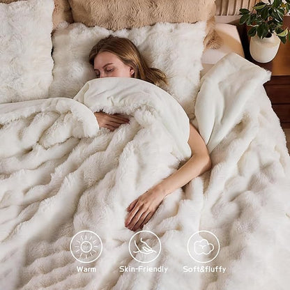 Lotus Karen Faux Fur King Comforter Set – Cream White Fluffy Comforter King Size, Big Bubble Faux Rabbit Fur Bedding Comforter Sets, Warm Cozy Fuzzy Bed Set 3 Pieces, 1 Comforter and 2 Pillowcases