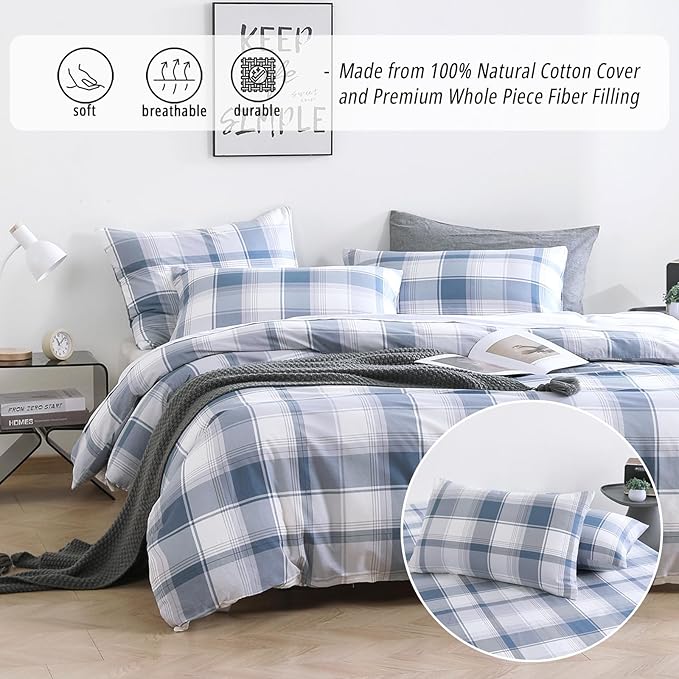 Vintage Cotton Comforter King Size 3Pcs - Classic Tartan Plaid Pattern with Denim Blue, Soft Gray and White, Lightweight Bedding Sets with Soft Fill(1 Comfoter 104"×90", 2 Pillowcases)