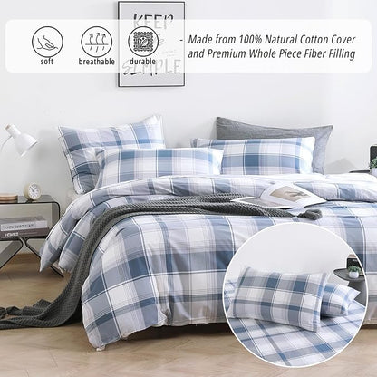 Vintage Cotton Comforter King Size 3Pcs - Classic Tartan Plaid Pattern with Denim Blue, Soft Gray and White, Lightweight Bedding Sets with Soft Fill(1 Comfoter 104"×90", 2 Pillowcases)