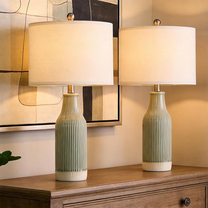 23.75" Modern Ceramic Table Lamps Set of 2, Stylish Bedside Lamps for Bedroom, Gorgeous Lamps for Nightstand, Lamps for Living Room, Farmhouse End Table Lamps, Light Green Home Decor
