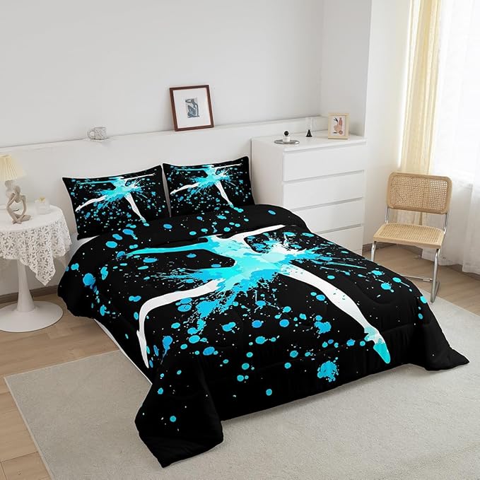 Erosebridal Girls Gymnastics Bedding Set - Blue Tie Dye Queen Size Comforter Set with Down Comforter for Gymnast Kids & Teens - Dance Room Decor & Sport Game Duvet Set