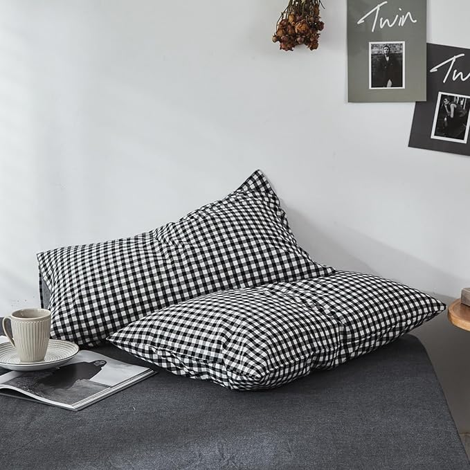 mixinni Black Gingham Comforter Set King, Plaid Comforter Set 3 Pieces 1 Black Grid Comfoter with 2 Pillow Cases for All Seasons, Soft Fluffy Modern Grid Pattern Printed Bedding-King Size