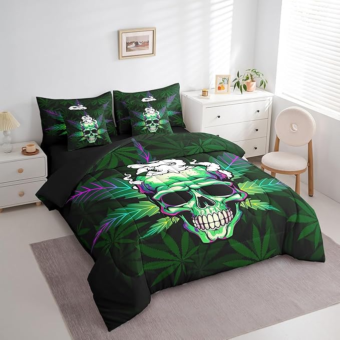 Erosebridal Leaves 7 Pcs Comforter Set Green,Sugar Skull Bed in a Bag with Flat Sheet and Fitted Sheet,Leaves Bedding Set with Pillowcase & Sham,Halloween Top Sheet,Full