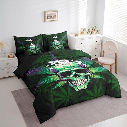 Erosebridal Leaves 7 Pcs Comforter Set Green,Sugar Skull Bed in a Bag with Flat Sheet and Fitted Sheet,Leaves Bedding Set with Pillowcase & Sham,Halloween Top Sheet,Full