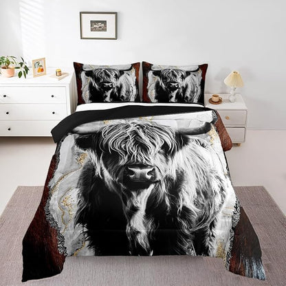 Erosebridal Highland Cow Comforter Set Bull Cattle Bedding Set,Gold Grey Marble Quilted Comforter for Kids Boys Men Wildlife Farmhouse Cow Fur Down Comforter Soft All Season Comforter Set Twin Size