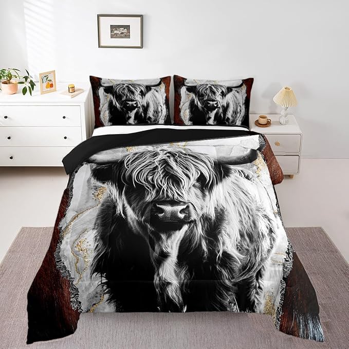 Erosebridal Highland Cow Comforter Set King,Bull Cattle Bedding Set,Gold Grey Marble Duvet Insert for Kids Boys Men,Wildlife Farmhouse Cow Fur Down Comforter with 2 Pillowcases Home Room Decor