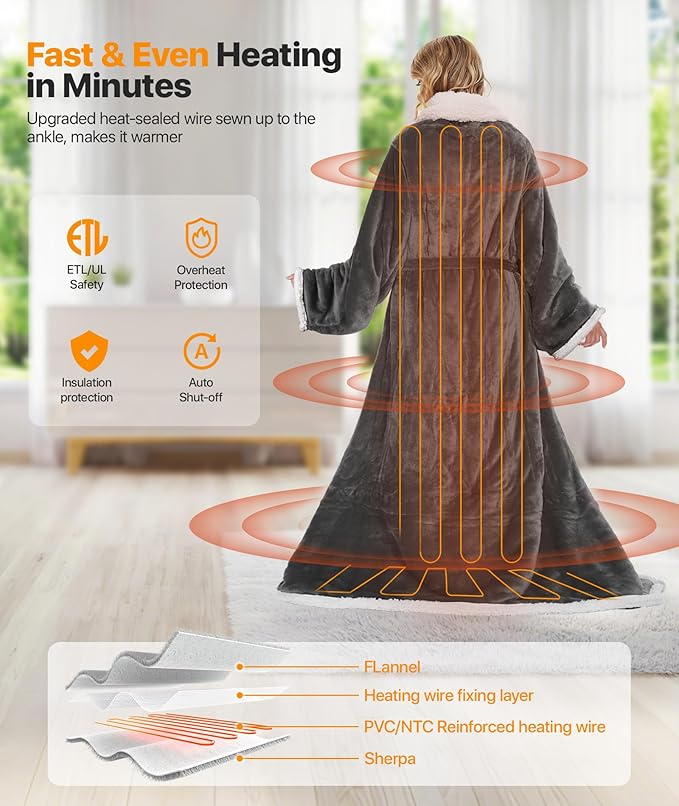 Portable Heated Blanket - Wearable Heated Blanket Throw with Foot Pockets, Sleeves Flannel Sherpa Wearable Blanket 8 Heating Levels & Timer Snuggle Blankets for Home Office - Heated Robe 50*70"
