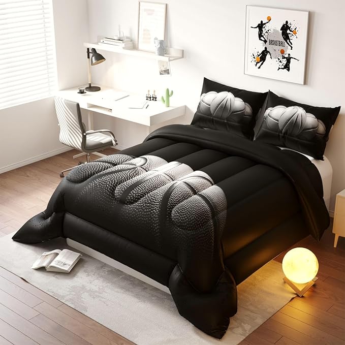 Basketball Comforter Set, Black Pattern for Kids Teens Adults,Decorative Bedding Comforter Sets with 2 Pillow Shams, King Size